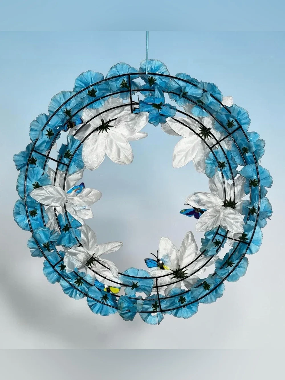 Blue & White Holiday Wreath with Butterfly Accents Hand Crafted